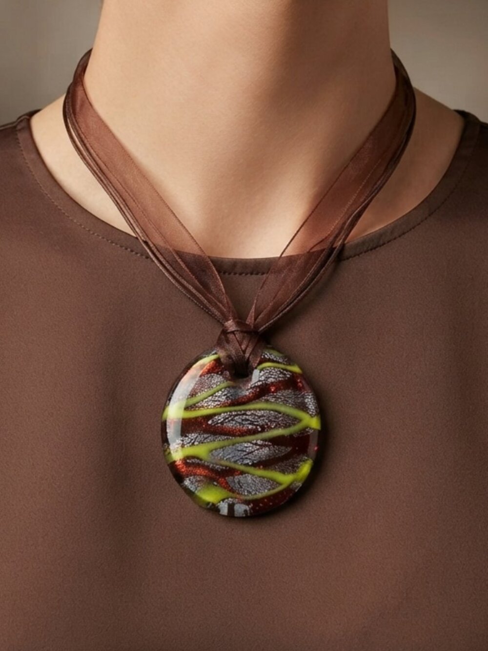 Murano style glass pendant , chiffon necklace 15-16.5 inch